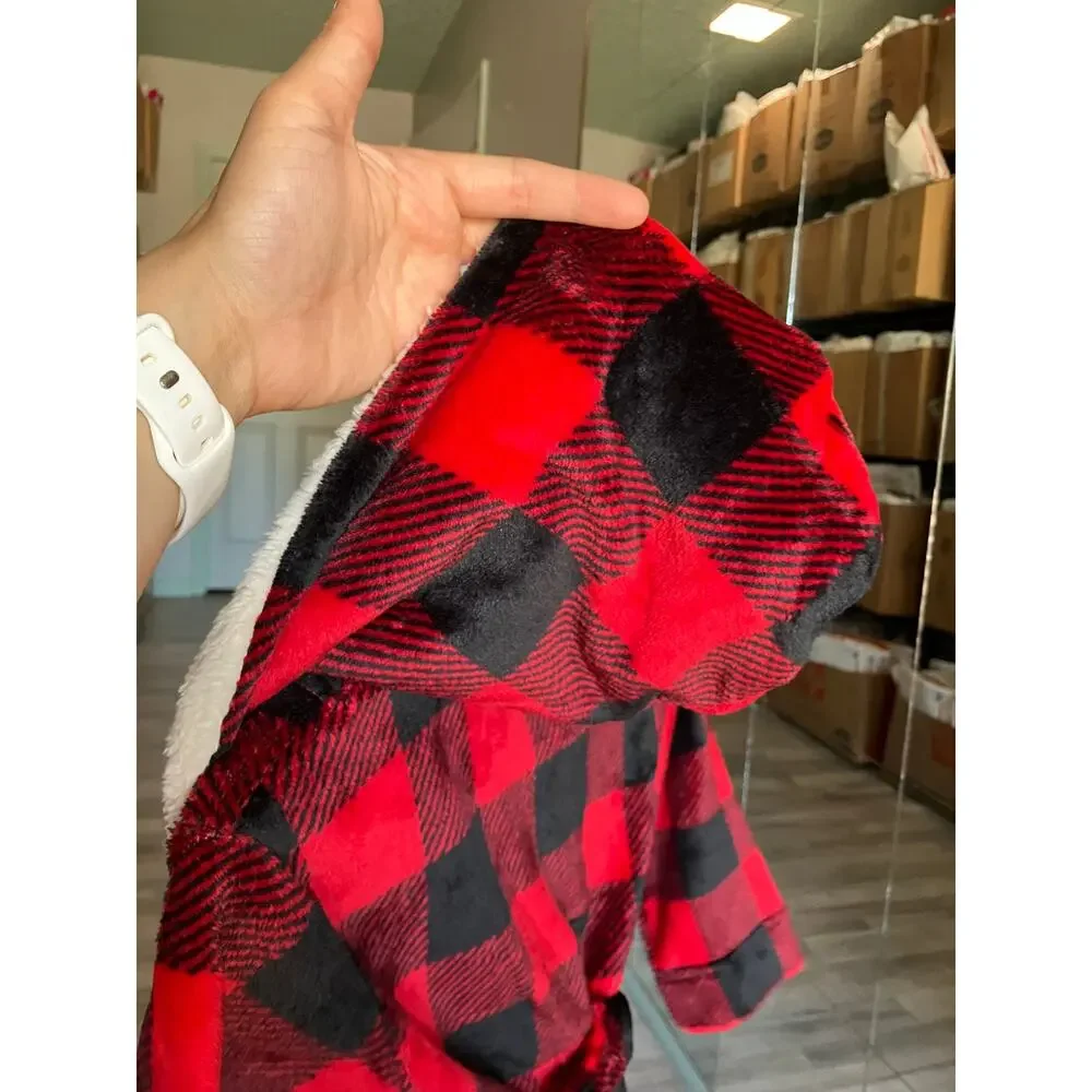 Fleece Long Sleeve Knee Length Robe, Color: Red Plaid Size XS(4/5)